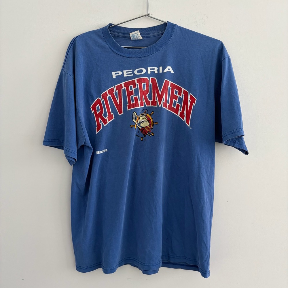 Vintage Russell Athletic Peoria Rivermen Hockey T Shirt Blue Large USA Made